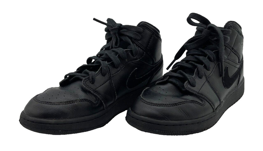 Nike Air Jordan 1 Mid Shoes 554725-090 Deep Black Nubuck Swoosh Youth US Size 5Y
